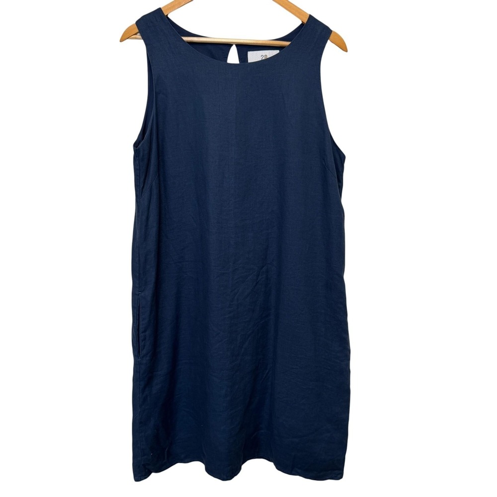 28 Palms Women 100% Linen Tank Dress L Blue Sleeveless Shift Pockets Lined Beach